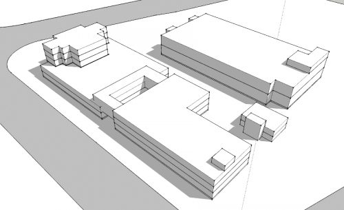 Strip existing facade clean but maintain general building massing.