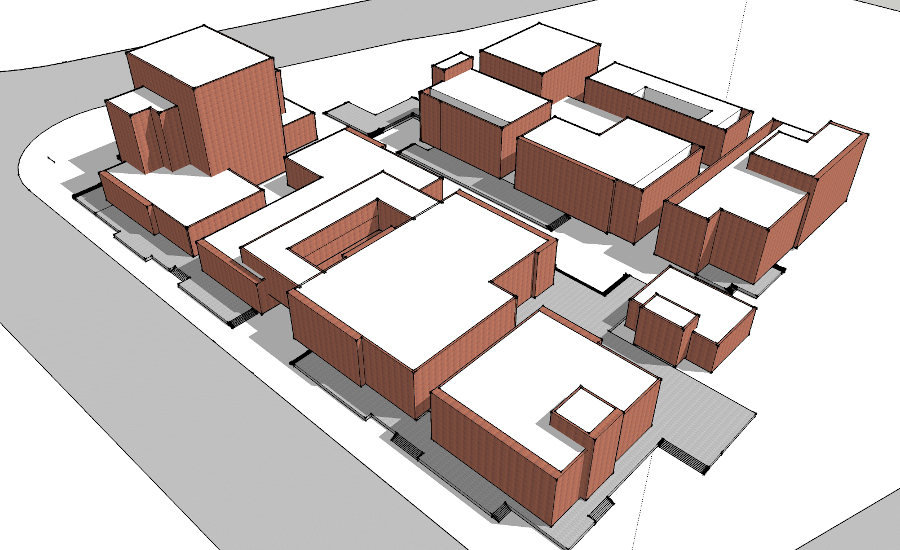 Wrap with a staggered edge on ground and wall planes, increasing block porosity and a sense of human scale.