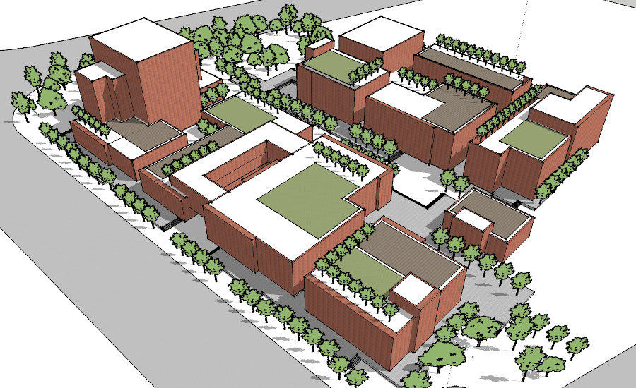 Blend roof and ground planes with landscape, creating useable community space as well as a visual focus for surrounding buildings.